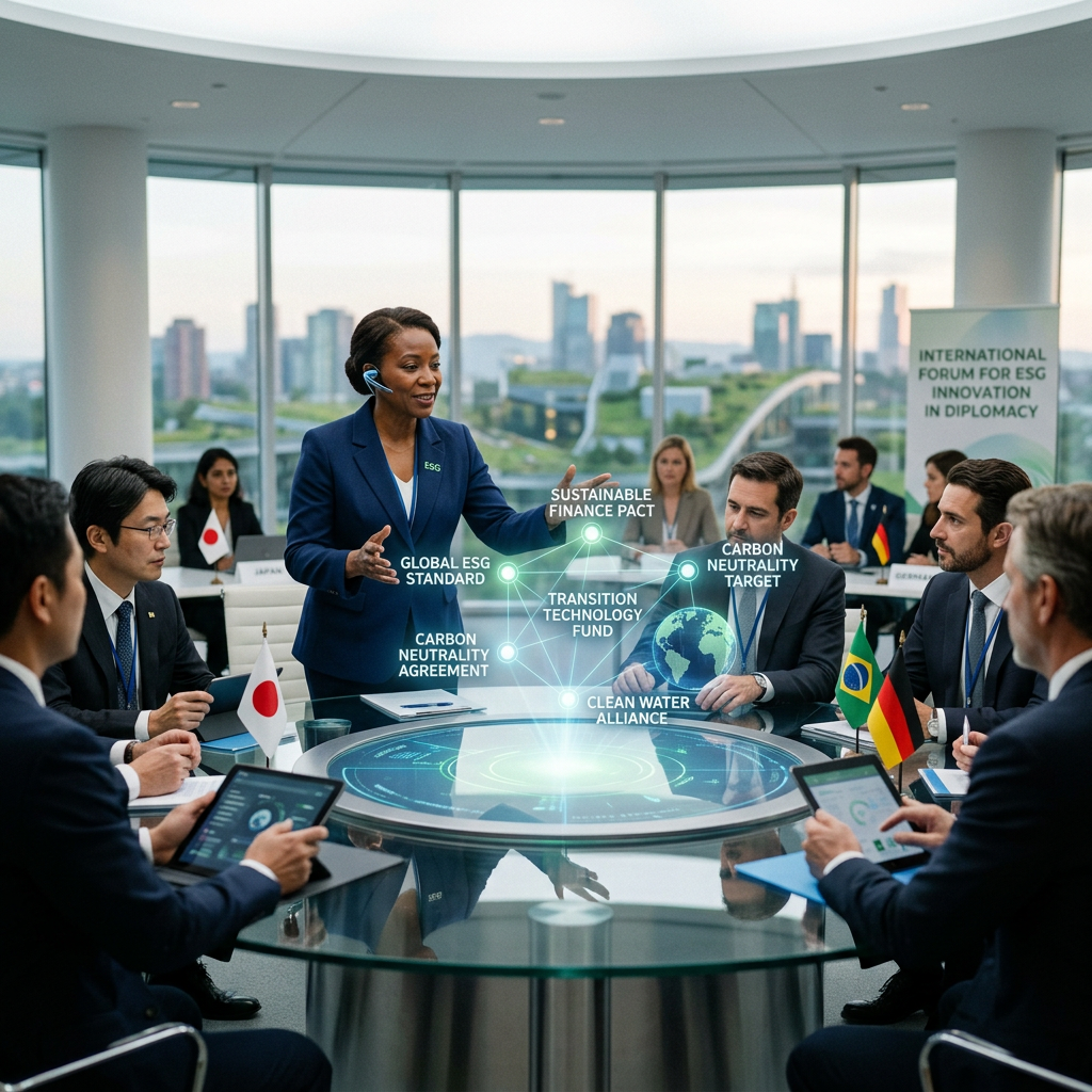 Delegates from various countries collaborating on ESG standards and climate initiatives during a high-tech diplomatic meeting.