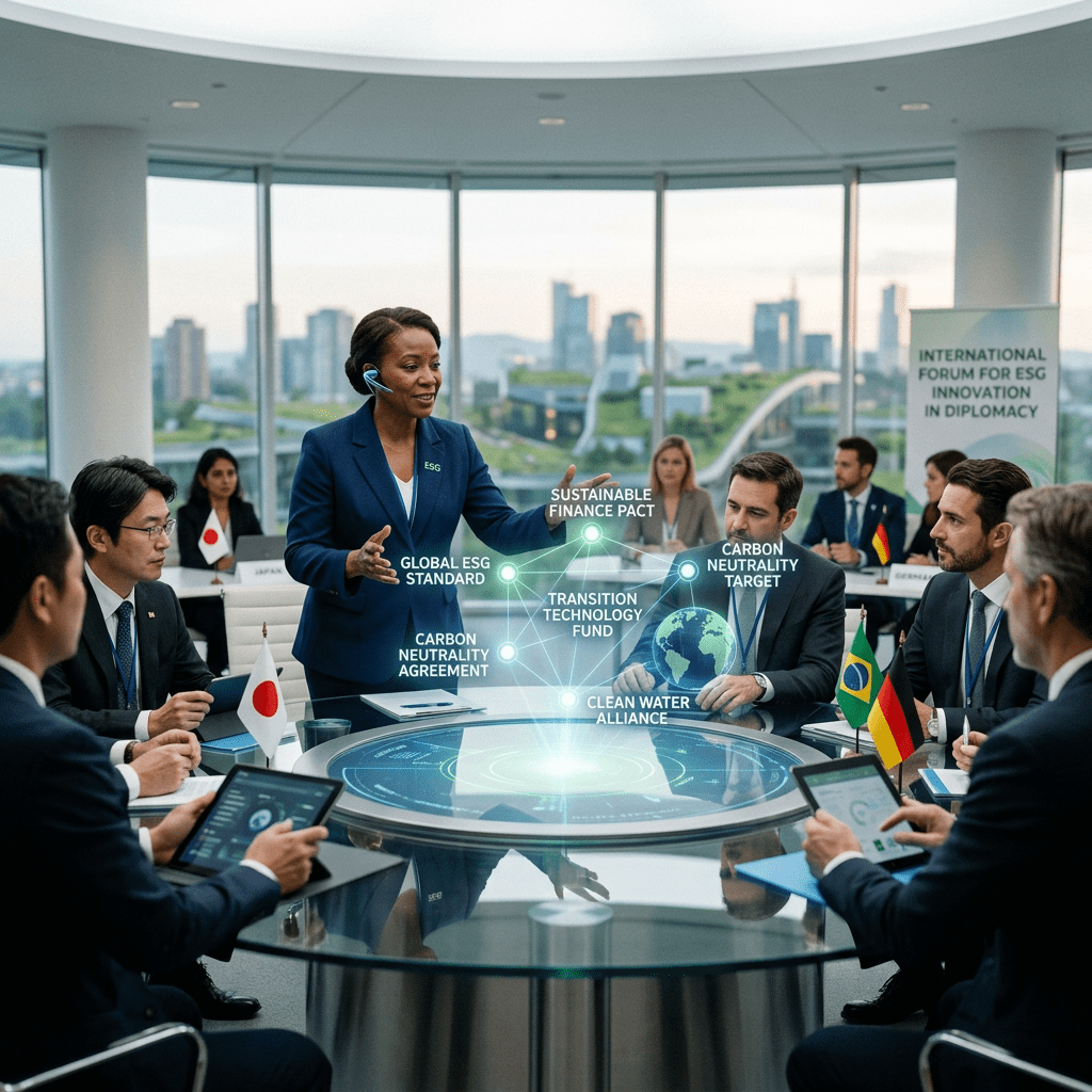 Delegates from various countries collaborating on ESG standards and climate initiatives during a high-tech diplomatic meeting.