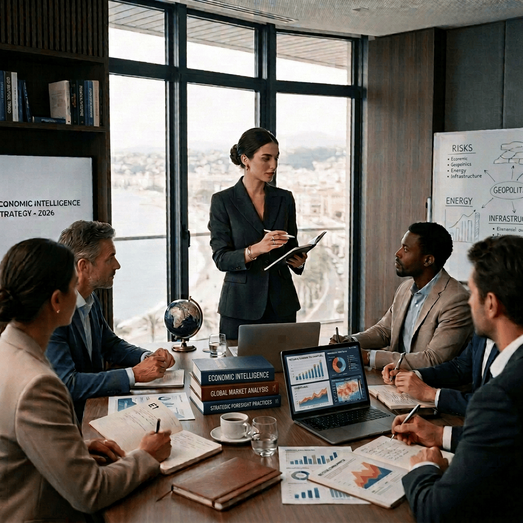 Business team discussing a coastal development model in a conference room
