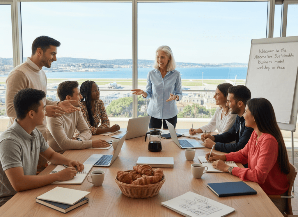 Edit the existing workshop scene while preserving the same composition, people, setting, table, Nice Airport view, light blue shirt for the elegant white-haired woman at the head of the table, light brown shirt for the young man on the left, and the paperboard text: “Welcome to the Alternative Sustainable Business model workshop in Nice”. Make the ethnic diversity unmistakable and visually clear: include several distinct young participants with clearly varied appearances, including one East Asian participant, one Black participant, and one South Asian/Indian participant. Keep everyone natural, respectful, realistic, and clearly distinguishable in the foreground and middle ground. Do not merely make subtle changes—ensure these three participants are visibly present and prominent.
